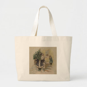 Grand Tote Bag Père Noël vintage dans la neige