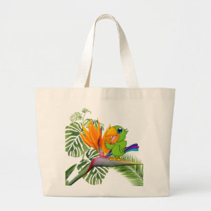 Grand Tote Bag Perroquet de dessin animé adorable, Caudata, feuil