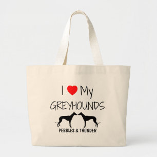 Grand Tote Bag Personnalisé J'Aime Mes Deux Greyhounds