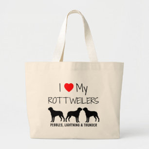 Grand Tote Bag Personnalisé J'Aime Mes Trois Rottweilers