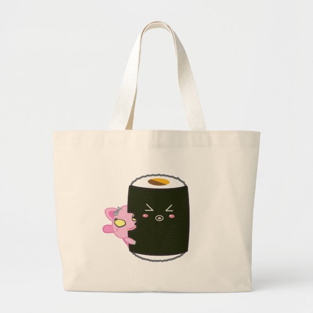 Grand Tote Bag Petit pain de sushi de Kawaii avec Nadel le chat (Devant)