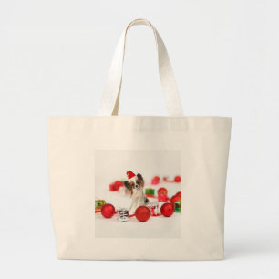 Grand Tote Bag Petit Papillon Chien Noël Santa Hat