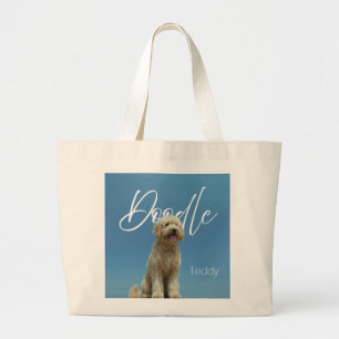 Grand Tote Bag Photo de chien gribouillé à nom personnalisé sous