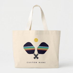 Grand Tote Bag Pickleball Nom personnalisé Pagaies rayées Bleu