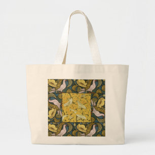 Grand Tote Bag Pigeon Blue Yellow Fish Art Nouveau
