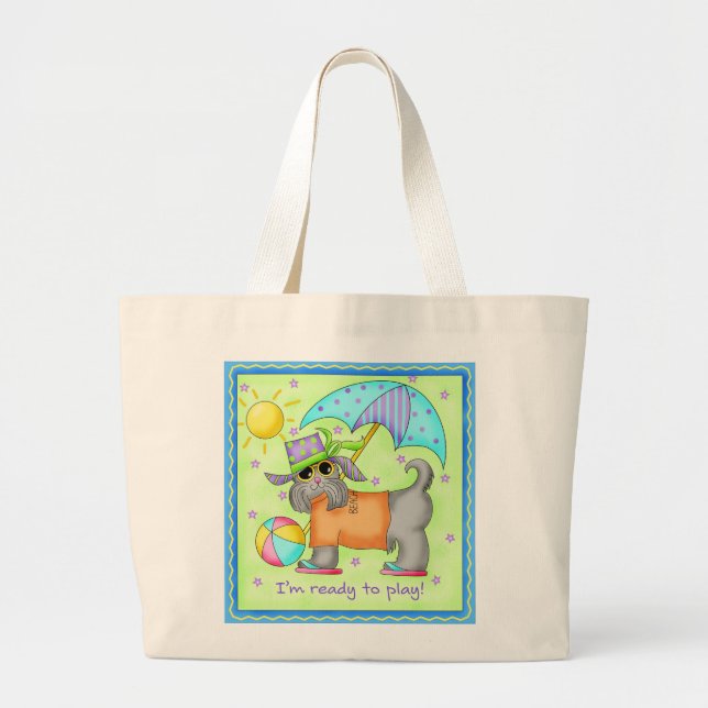 Grand Tote Bag Plage Chien Whimsy Art Vert bleu (Devant)