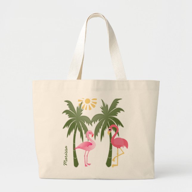 Grand Tote Bag Plage rose personnalisée Fourre-tout de Flamant (Devant)