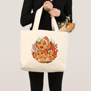 Grand Tote Bag Poisson clown Dessin animé mignon Famille Sous l'e
