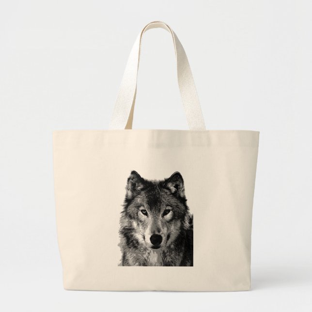 Grand Tote Bag Portrait noir et blanc Wolf (Devant)