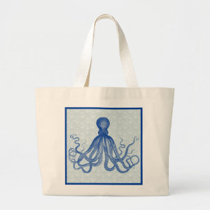 Grand Tote Bag Poulpe bleu vintage avec des Ancres