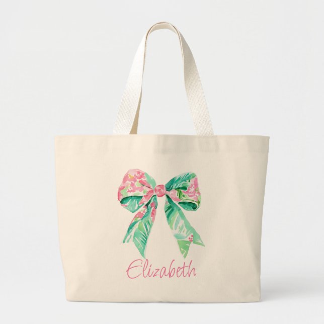 Grand Tote Bag Préppy rose et turquoise florale vaches personnali (Devant)