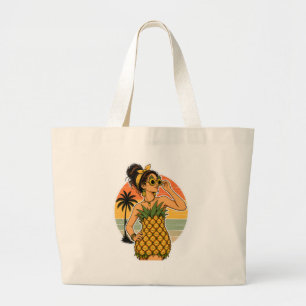 Grand Tote Bag Reine de l'ananas Rétro Tropical Vibes d'été