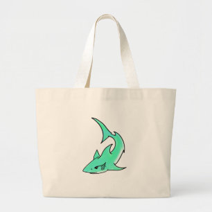 Grand Tote Bag requin souriant de dessin animé bleu vert océan an