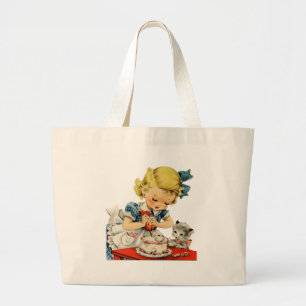 Grand Tote Bag Rétro Anniversaire Fille Cake Cat Enfants Artwork