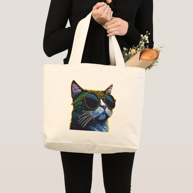 Grand Tote Bag Retro Chat : Lunettes Jaunes Charme (Devant (produit))