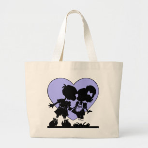 Grand Tote Bag Retro Kiss Cartoon Boy and Girl Coeur bleu