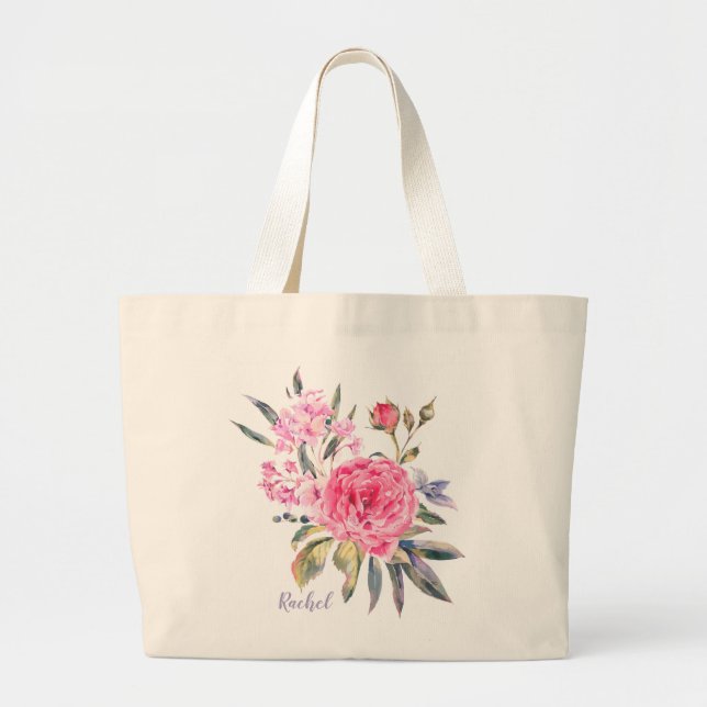 Grand Tote Bag Rose d'aquarelle rose Nom personnalisé | Floral (Devant)