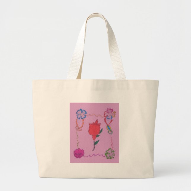 Grand Tote Bag Rose rouge sur rose : Art Floral Frontière Imprime (Devant)
