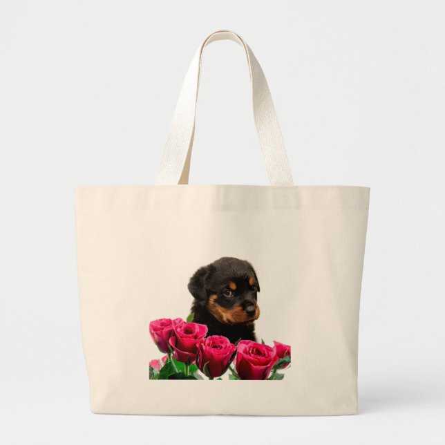 Grand Tote Bag Rose Valentin Rottweiler Puppy (Devant)
