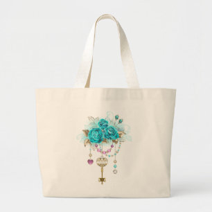 Grand Tote Bag Roses turquoise avec touches