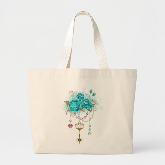 Grand Tote Bag Roses turquoise avec touches (Devant)