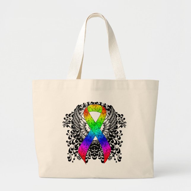 Grand Tote Bag Ruban arc-en-ciel avec ailes (Devant)