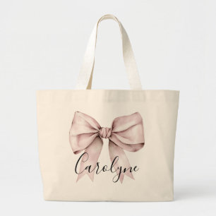 Grand Tote Bag Ruban rose esthétique coquette Nom personnalisé
