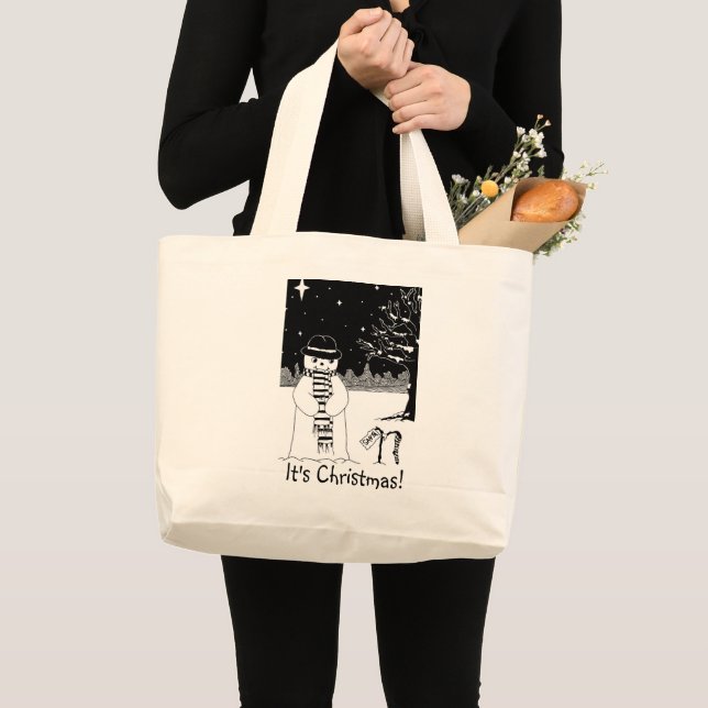 Grand Tote Bag scène neigeuse mignonne noir et blanc (Devant (produit))