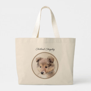 Grand Tote Bag Shetland Sheepdog Puppy Peinture Sheltie Chien Art