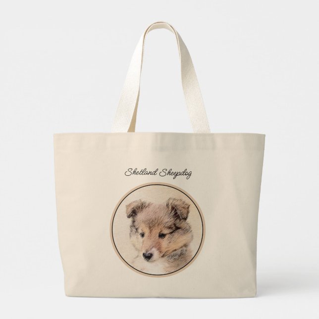 Grand Tote Bag Shetland Sheepdog Puppy Peinture Sheltie Chien Art (Dos)