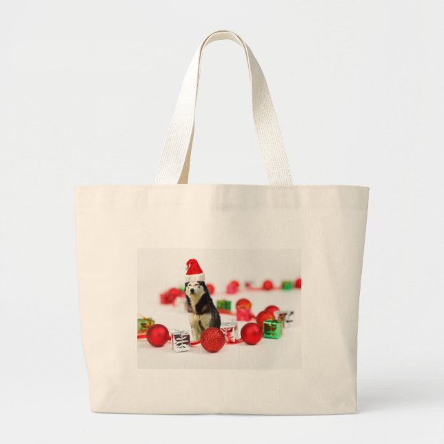 Grand Tote Bag Sibérie Husky Noël avec boîte cadeau ornement (Devant)