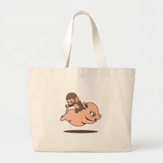 Grand Tote Bag Singe de bébé (allant à reculons sur un porc)