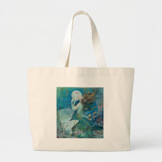 Grand Tote Bag Sirène vintage tenant la perle