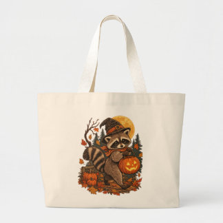 Grand Tote Bag Sorcière Raton Laveur Vintage Halloween Citrouille