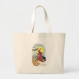 Grand Tote Bag Sorcière volante, chauves-souris, chat, Chouette