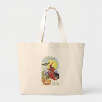 Grand Tote Bag Sorcière volante, chauves-souris, chat, Chouette