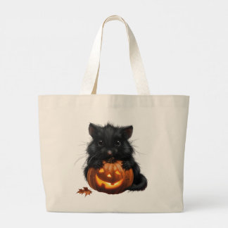 Grand Tote Bag Souris noire sur citrouille