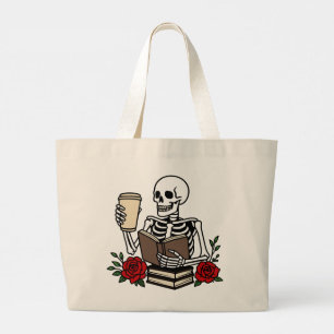 Grand Tote Bag Squelette amateur de livres et de café Fleur Rouge
