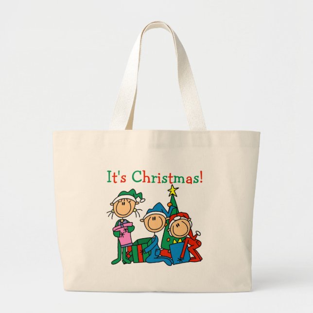 Grand Tote Bag Stick Figure Enfants C'est Noël Tshirts et cadeaux (Devant)