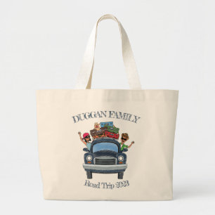 Grand Tote Bag Style Cartoon mignon Famille Voyage sur route Text