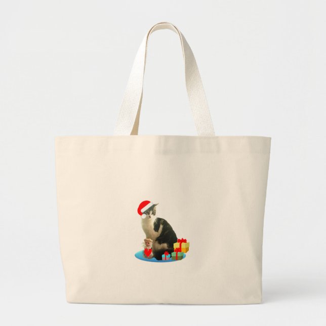 Grand Tote Bag Tabby chat de Noël et petit ange mignon (Devant)