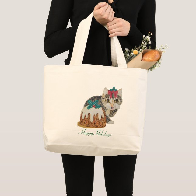 Grand Tote Bag tabby gris chaton mignon lécher patte noël (Devant (produit))