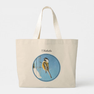 Grand Tote Bag Tableau de la mangeoire d'hiver de chickadee Oisea