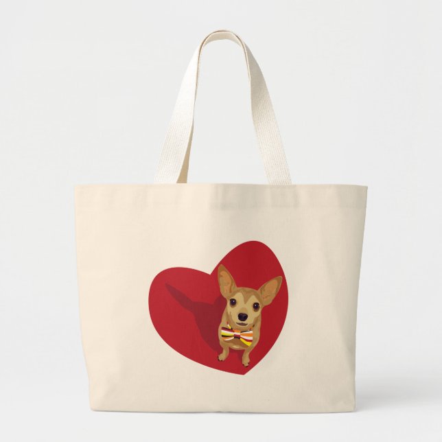 Grand Tote Bag Tan Chihuahua avec cravate arc dans un coeur rouge (Devant)