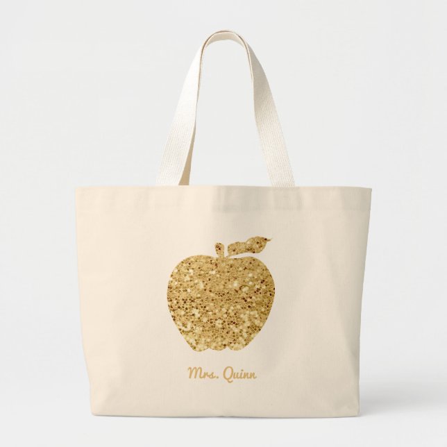 Grand Tote Bag Teacher personnalisé Gold Faux Sequin Pomme Glam (Devant)