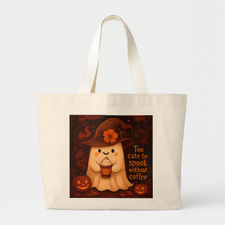 Grand Tote Bag Too Cute to Spook Without Coffee – Halloween Ghost