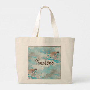 Grand Tote Bag Tortue de mer sur aquarelle bleue de l'océan Demoi