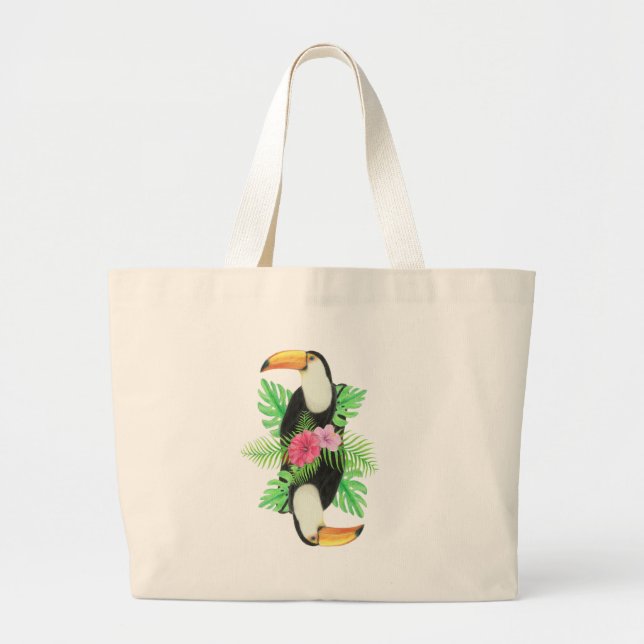 Grand Tote Bag Toucan en Feuille tropicaux (Devant)