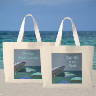 Grand Tote Bag Tropical Blue Seascape Umbrellas Beach Essentials