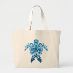 Grand Tote Bag Tropical Island Sea Turtle Design en bleu